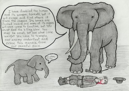 Mama elephant teaching baby elephant to kill